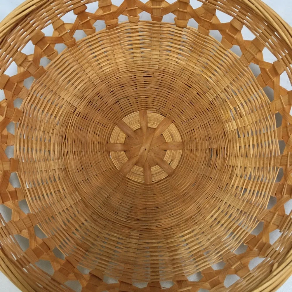 Woven Wicker Basket 8.5in Tan Round Lattice Boho Decor Cottagecore Beach Coastal